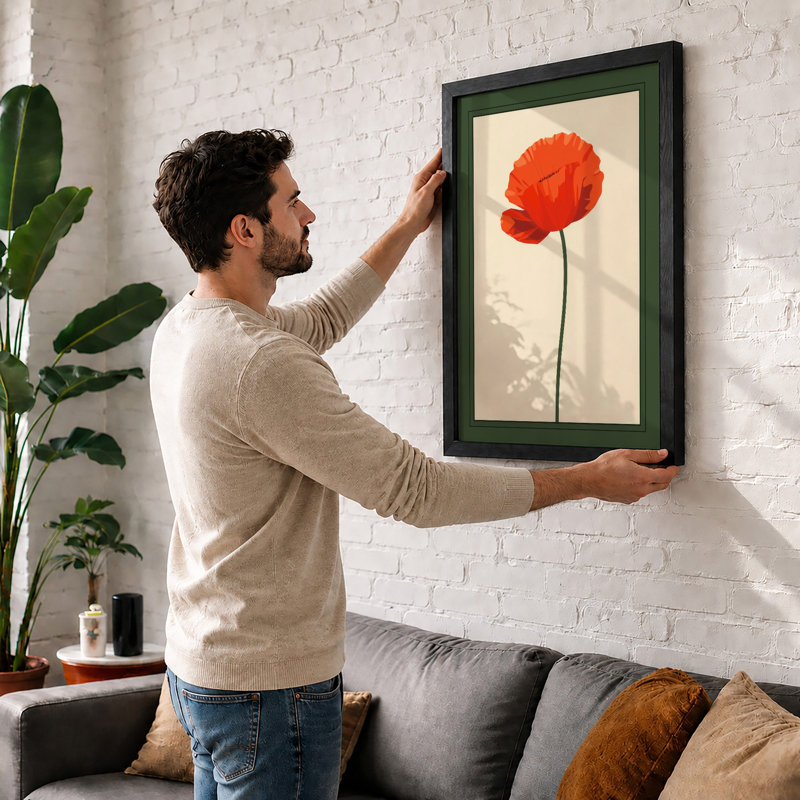 Single Red Poppy Botanical - Framed Print, Black, A4 - 29.7 x 21.0 cm
