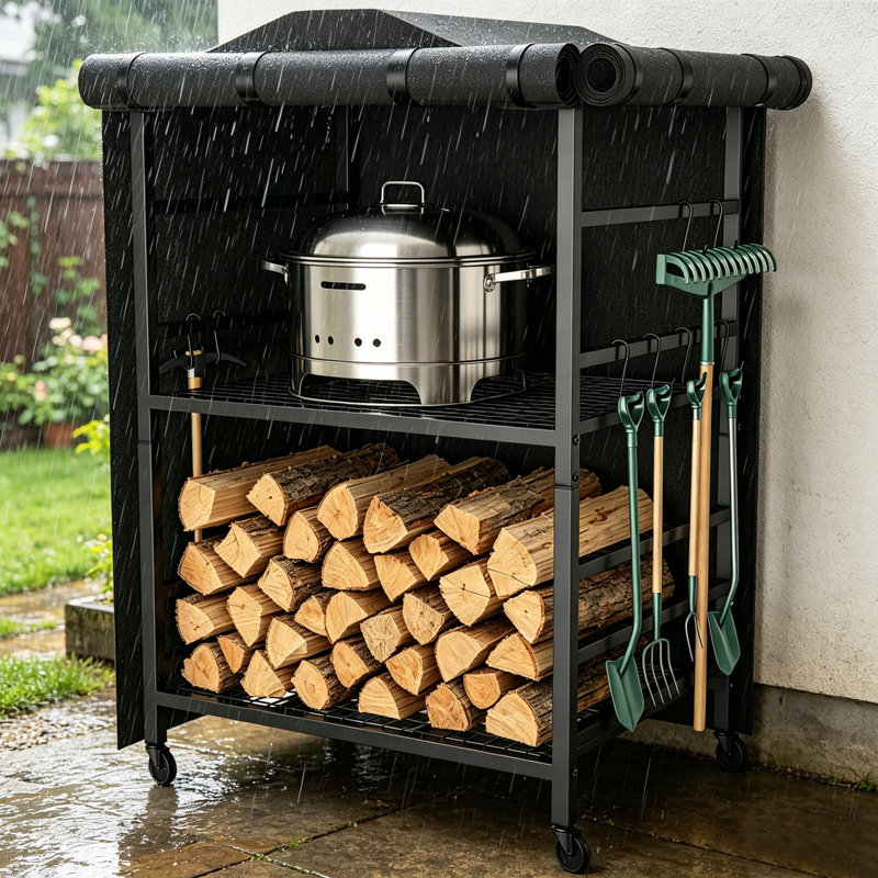 Outdoor Wood Storage Shed with Adjustable Shelf - Waterproof PVC Cover, Heavy Duty Steel Log Rack with Hooks for Fireplace, Fire Pit, Yukon & Bonfire