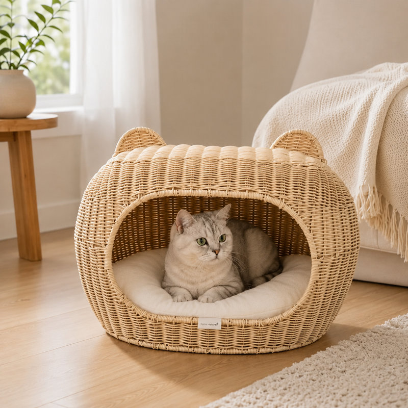 Maison de chat semi-fermée tissée à la main avec coussin, style igloo douillet pour chat et petits chiens