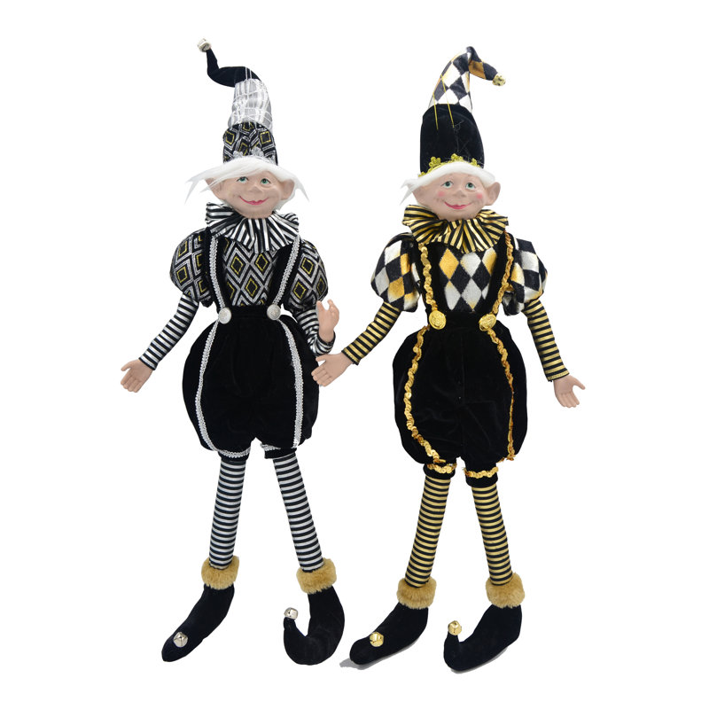 Ensemble de 2 figurines elfes suspendues - noir, blanc, or, argent, H 24 po x l 6,8 po x P 5,5 po