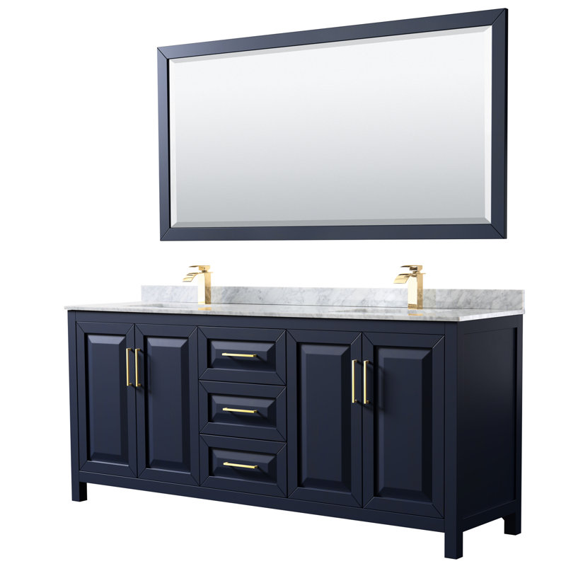 Daria 80'' W Double Vanity, Dark Blue, Carrara Cultured Marble, Brushed Gold