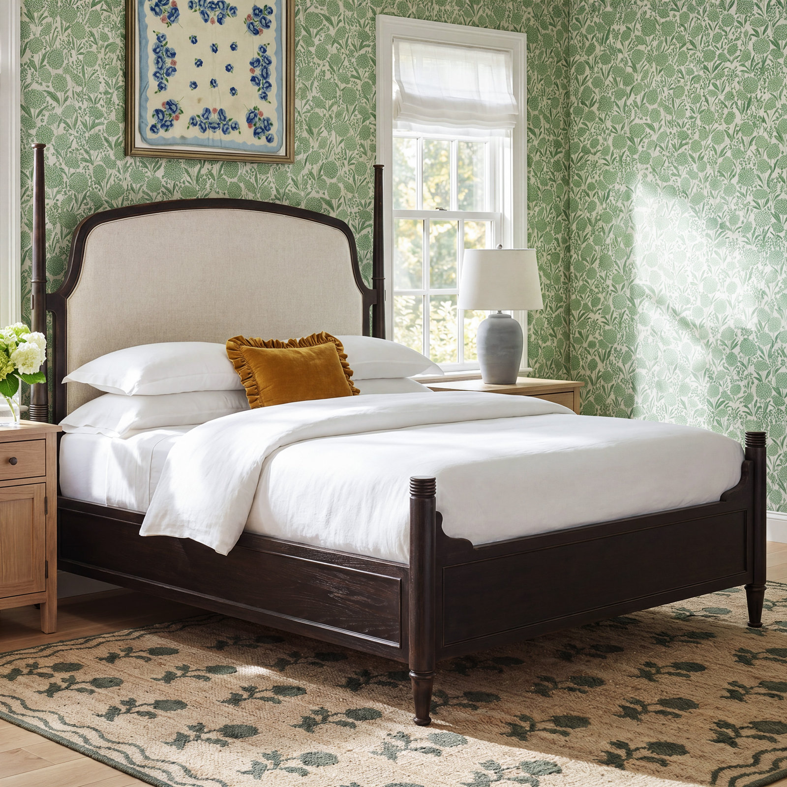 Alcy Upholstered Four Poster Bed, King, Black/Beige