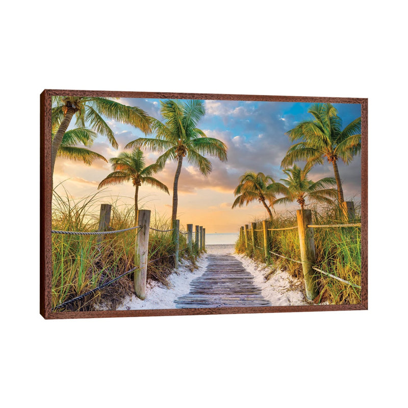 Tropical Beach Sunrise Key West Florida by Susanne Kremer - Print on Canvas, Classic Brown Wood Floater Framed
