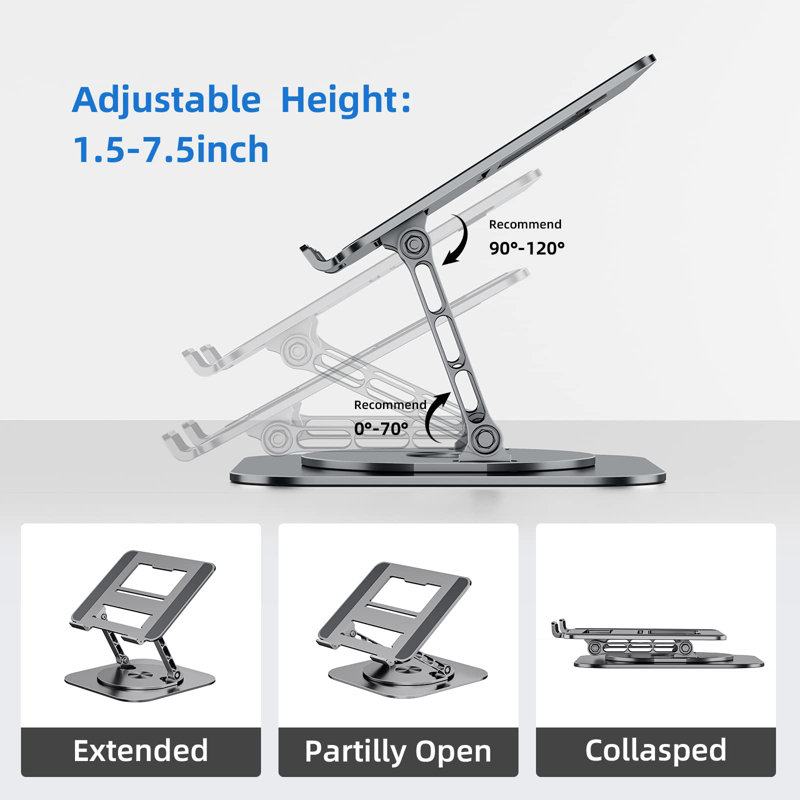 Support pour ordinateur portable pour bureau, support pour ordinateur portable ergonomique avec base pivotante à 360 °, support pour ordinateur portable en aluminium, support pour ordinateur portable pliable réglable, gris