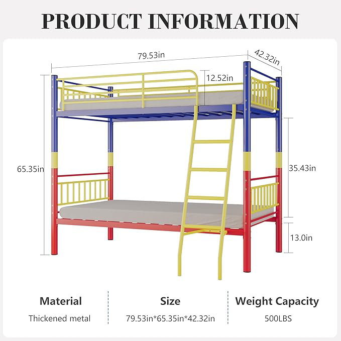 Lit superposé en métal simple au-dessus de simple, lit superposé simple multifonctionnel avec échelle et garde-corps, cadre de lit peu encombrant pour petite chambre à coucher, lit mezzanine simple, silencieux, pas de sommier tapissier nécessaire