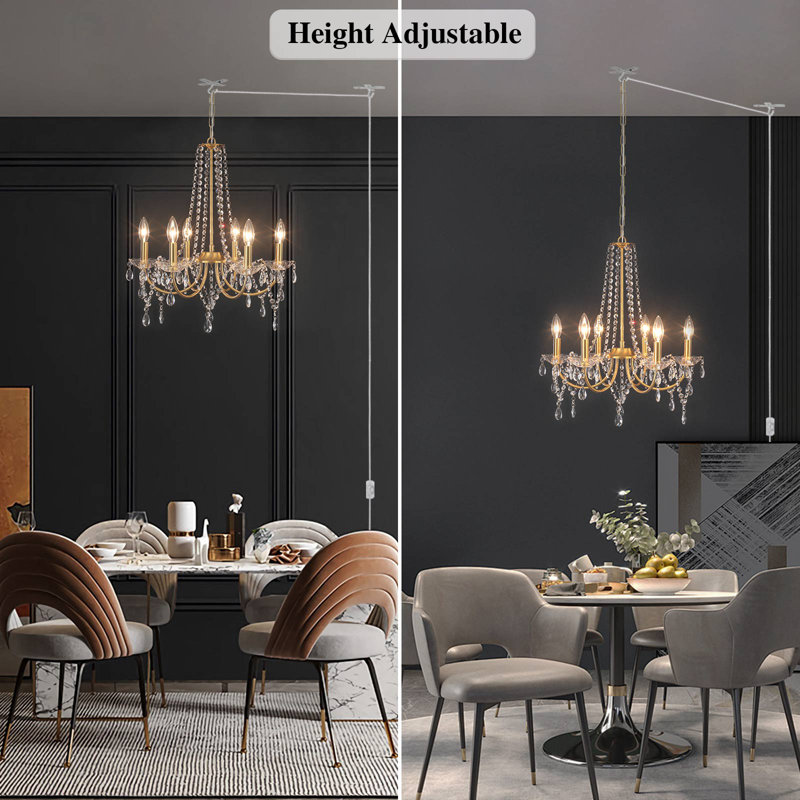 6-Light 20 inch Modern Plug In Crystal Pendant Light Candle Style Chandelier with On/Off Switch for Dining Room