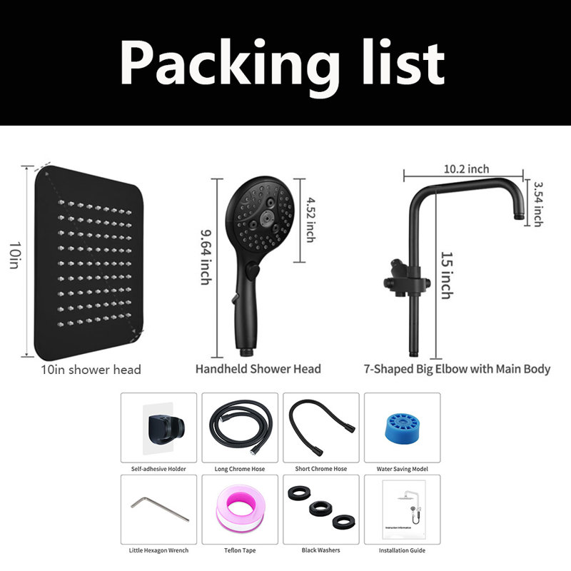Pomme de douche carrée 10 pouces avec douchette à main, Noir mat