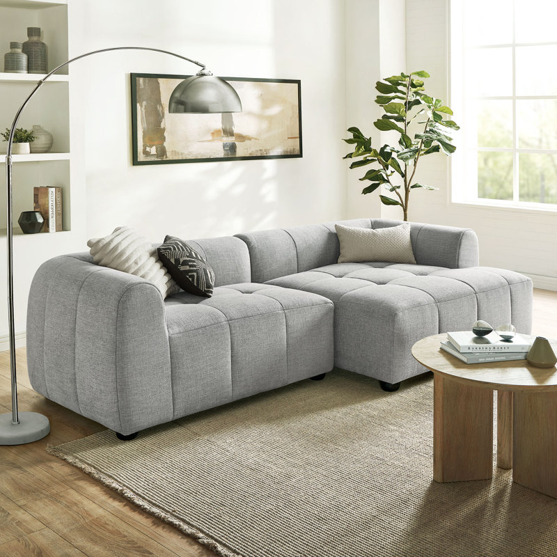 Liana Upholstered Fabric Modular Sofa With Chaise, Pewter Fabric, Right Facing Hand