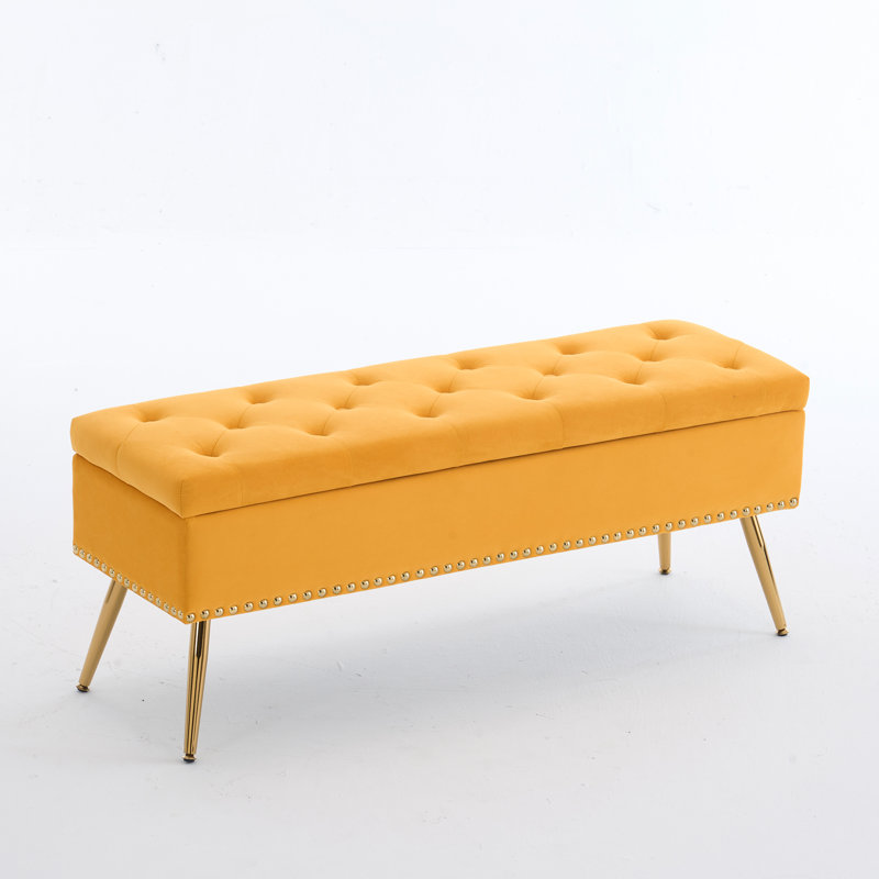 Banc repose-pieds en velours avec rangement, Jaune, H 18 po x l 46 po x P 15,5 po