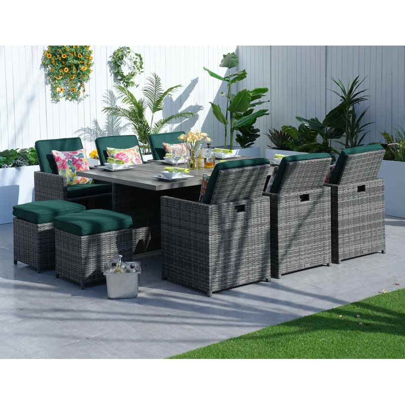 6 - Person Wicker Patio Dining Set with Rectangular Table , Cushions Included, Gray, Atrovirens