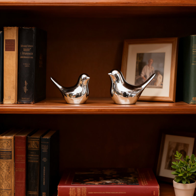 2 Pieces Mini Resin Creative Bird Sculpture, Different Size Abstract Art Decorations for Home Office Bookshelf Table Bookshelf Decorations, Silver