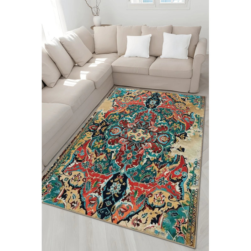 Turquoise Themed Multicolored Abstract Traditional Motif Patterned Vintage Decorative Carpet, Rectangle 5'2" x 7'7"