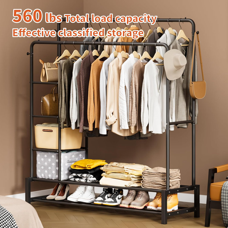 Black Heavy Duty Metal Garment Rack with Shelves and Hooks