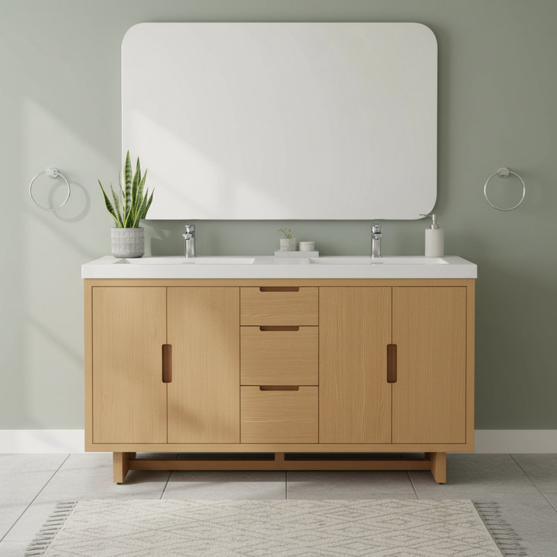 59" Single Bathroom Vanity with Resin Top, 4 Doors & 3 Drawers