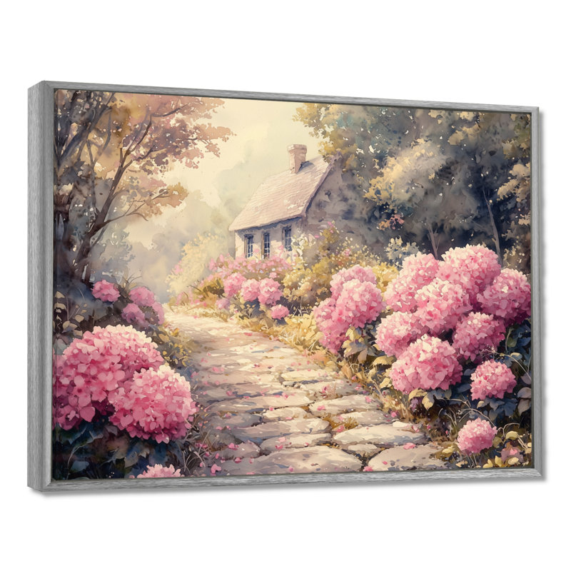 Hortensias par le chemin de pierre IV - hydrangées, art mural, Argent argent, H 30 po x l 40 po