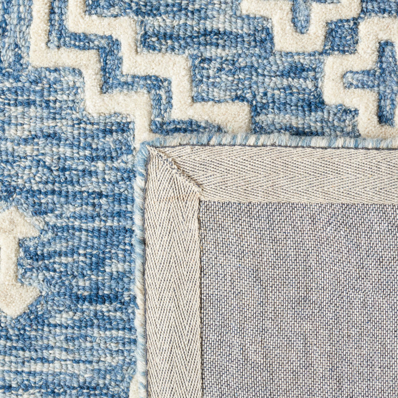 Ivory and Blue Handmade Wool Abstract Area Rug, 8' x 10'