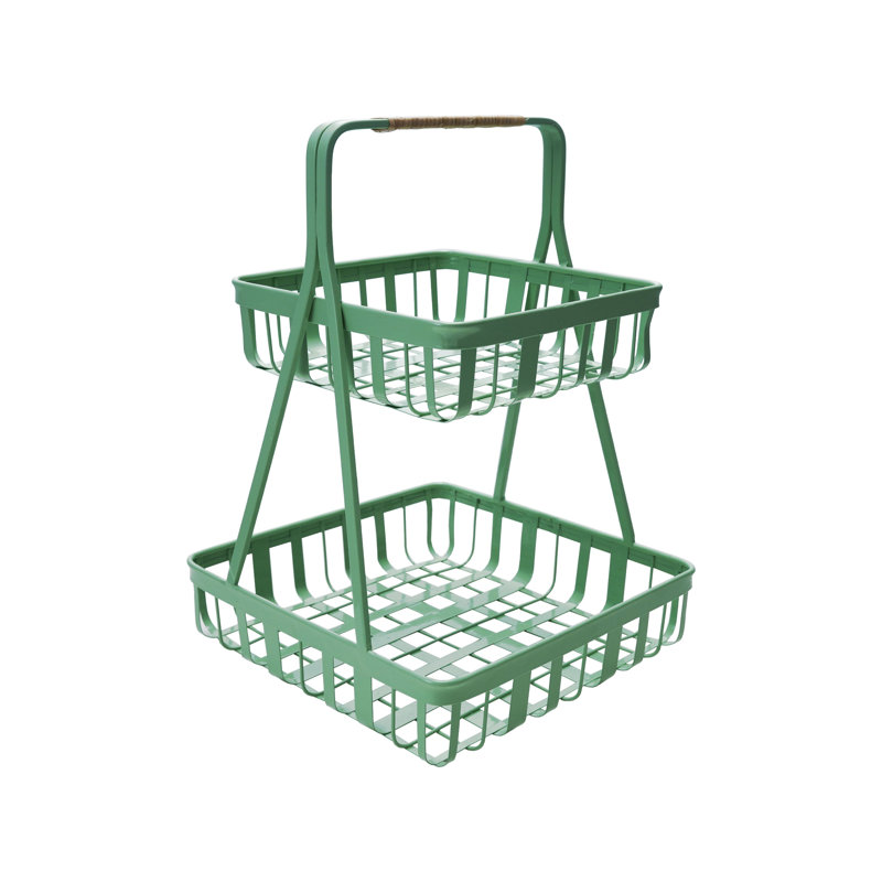 Decorative Metal 2-Tier Tray With Rattan Wrapped Handle