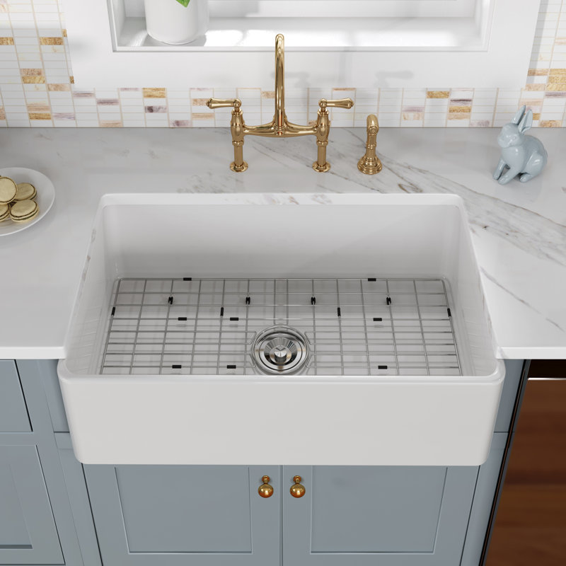 30 in. Farmhouse/Apron-Front Single Bowl White Fireclay Kitchen Sink with Bottom Grid and Strainer, White