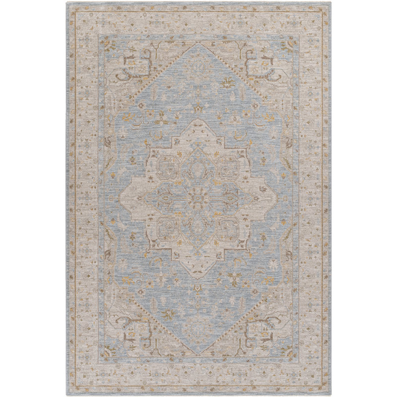 Tapis bleu clair en polyester tissé à la machine Don, Rectangle 2 pi 7 po x 4 pi