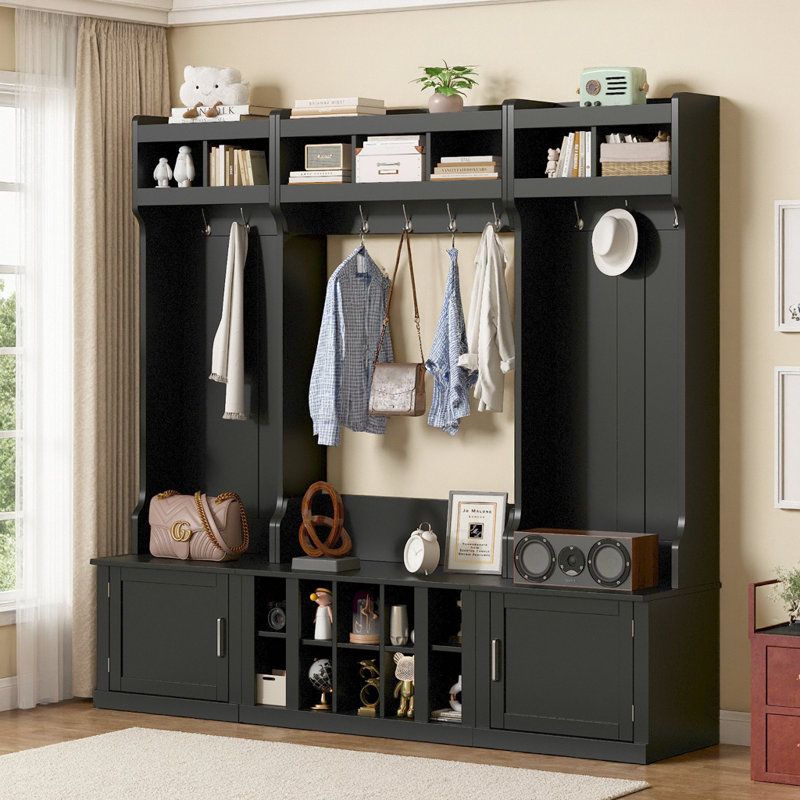 Modern Black Hall Tree Storage Bench 4-in-1 Entryway Organizer with Coat Rack Shoe Cubbies, Black