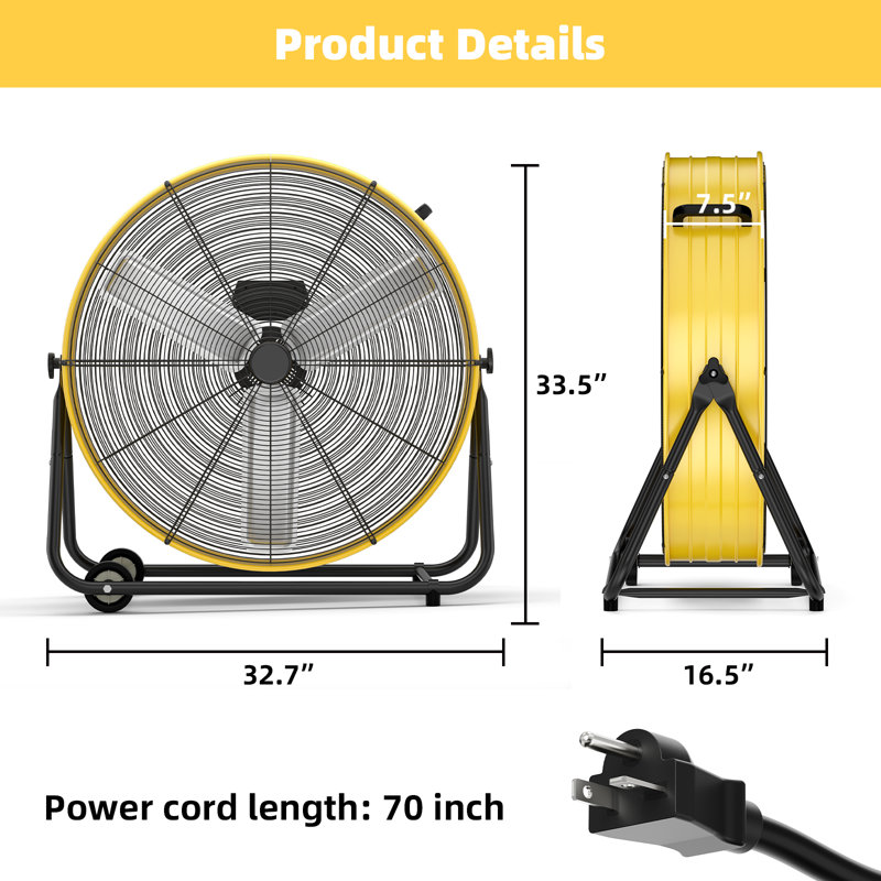 Ventilateur tambour en métal 30 vitesses 3 vitesses, Jaune