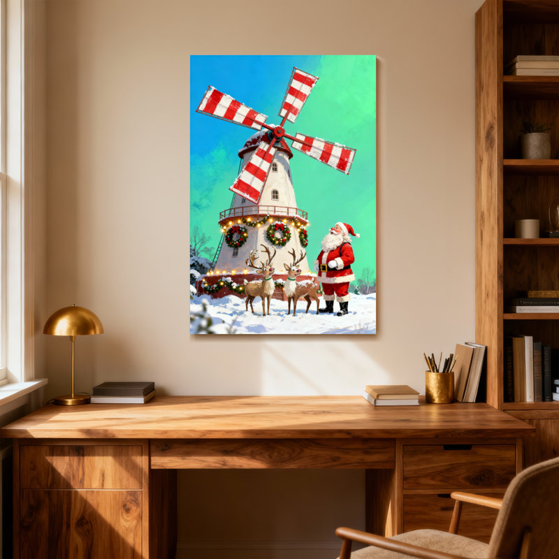 Noël, père Noël, renne, moulin à vent, scène de Noël, paysage d'hiver, décor des Fêtes, H 24 po x l 16 po