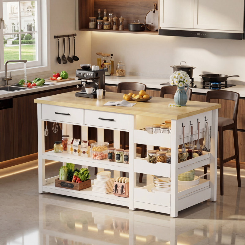 Îlot de cuisine de 55 po avec rangement, table d'îlot avec tablettes mobiles, station de charge, tiroirs, crochet, buffet pour armoire de cuisine, blanc
