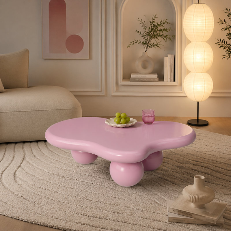 Table basse en forme de nuage, table basse avec 3 pieds sphériques pour le salon, H 11,70 po x L 40 po x l 26,8 po, Rose