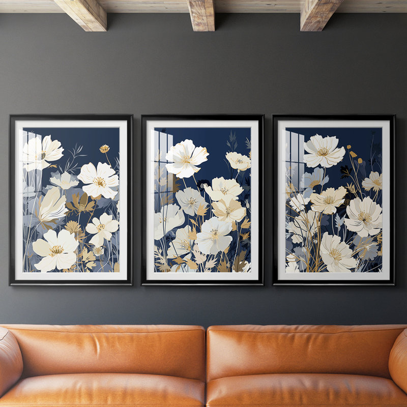 FLORAL Series CCCCLXXXXI - Impression encadrée sur mesure de qualité supérieure - 3 pièces, H 15 po x l 19 po, Noir