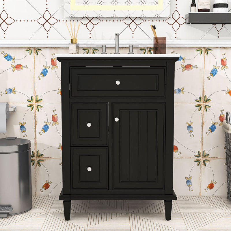 Meuble-lavabo simple autoportant en bois moderne avec lavabo en céramique lisse et rangement réglable, Noir