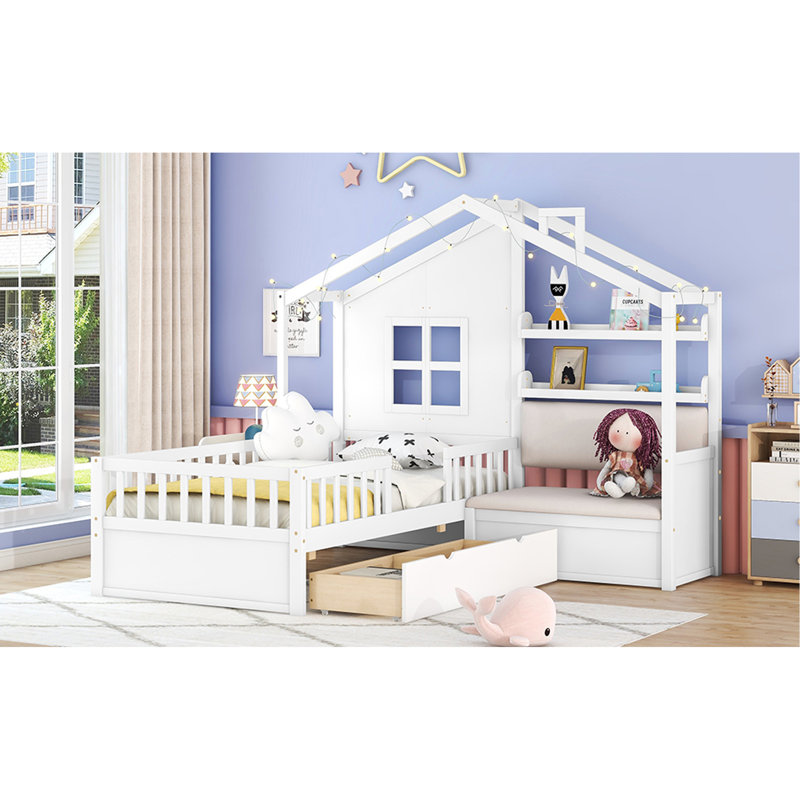 Lit House avec canapé, lit plateforme pour enfants avec deux tiroirs et tablette de rangement, Blanc