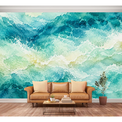 Papier peint adhésif mural abstrait bleu vert aquarelle, peinture de vagues de l'océan, papier autocollant amovible, décoration murale pour salon, chambre à coucher H 100 po x l 144 po