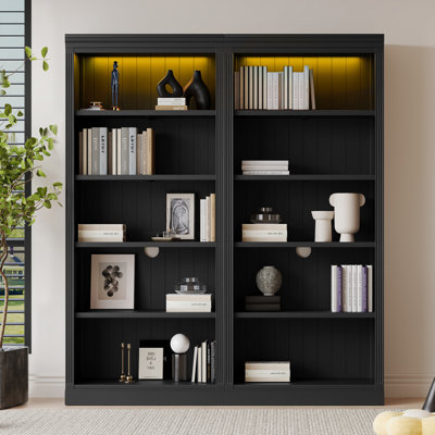 Suite de bibliothèque de 83 po de hauteur avec bande lumineuse, ensemble de bibliothèque à 5 niveaux avec tablettes réglables, organisateur de rangement, étagères de rangement autoportantes pour salon, bureau personnel, noir