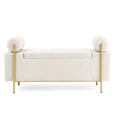 Upholstered Linen Storage Bench In Beige With Cylindrical Arms And Iron Leg Foundation For Living Room Bedroom Hallway Solid