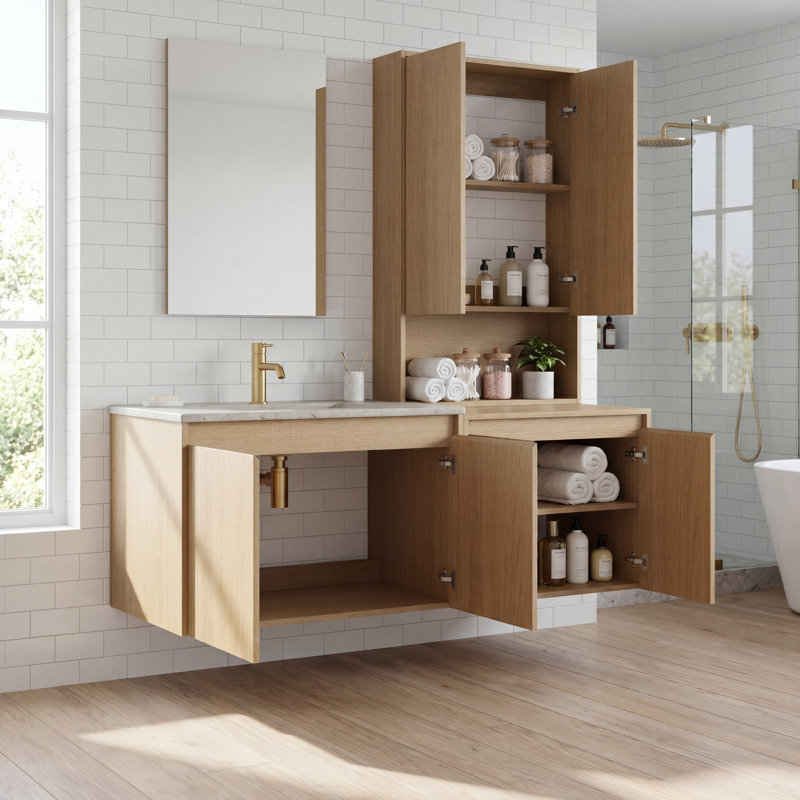 Meuble-lavabo simple 54 po avec armoire supérieure, lavabo en céramique et conception sans poignée 54 po, Ash Tree, 54"
