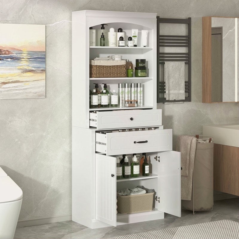 Armoire de rangement blanche pour salle de bain avec deux portes, tiroirs, tablette réglable et trois tablettes ouvertes - Fabrication en panneau de fibres à densité moyenne durable