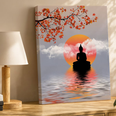 Toile, silhouette sereine d'un Bouddha assis dans un art mural, pose méditative contre un grand rouge et orange brillant pour art mural sur toile