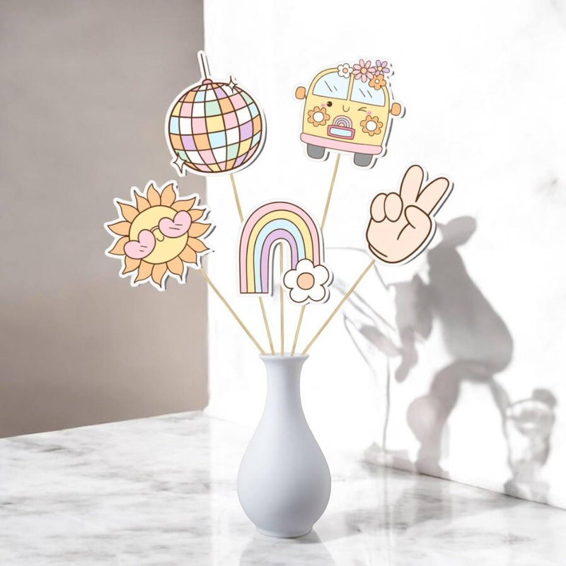 Groovy Table Centerpieces 5 pcs - 70s Hippie Party Decorations with Peace Sign, Rainbow, Disco Ball & Sun