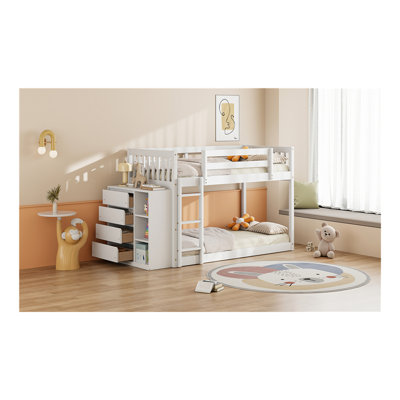 Twin Over Twin Bunk Bed With 4 Drawers And 3 Shelves-White