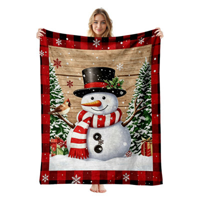 Plaid en flanelle polaire JYK pour Noël, léger, respirant, doux et chaud en microfibre pelucheuse, 127 x 152 cm, motif bonhomme de neige et oiseau.