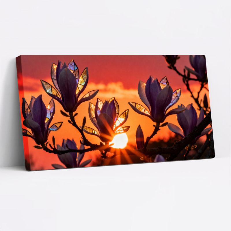Ensemble de 1 tableau sur toile tendue « Magnolias au coucher du soleil », H 12 po x l 36 po