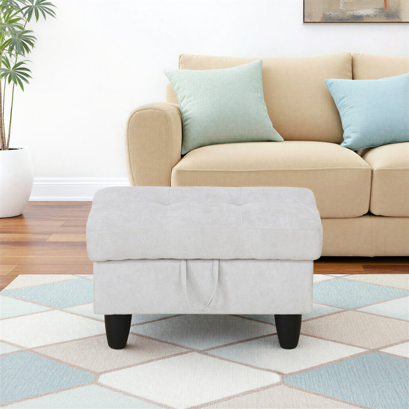 Darryn 35" Wide Upholstered Storage Ottoman, White/Gray Cotton Blend