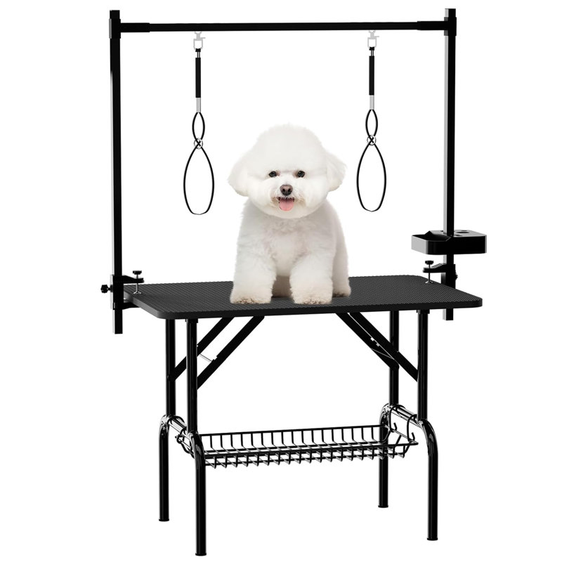Grande table de toilettage pour chien de 36 po, station pour animal pliable à la maison, table de toilettage pour chien, bureau de séchage pour chat réglable avec accoudoirs, support à outils, porte-jet, plateau à mailles, noir