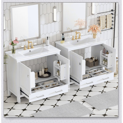 Meuble-lavabo blanc 72 po avec lavabos en céramique, portes à fermeture en douceur et grandes tablettes de rangement - Armoire moderne et durable