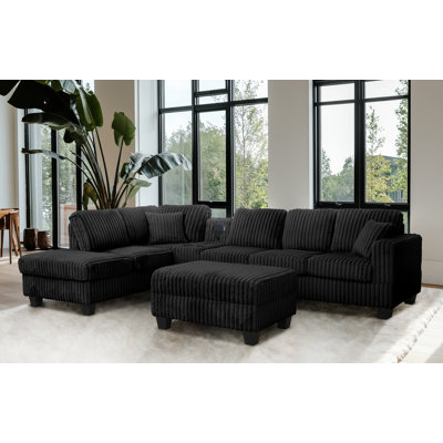 Vega Reversible Faux Fur Sectional with Media Console And Storage Ottoman