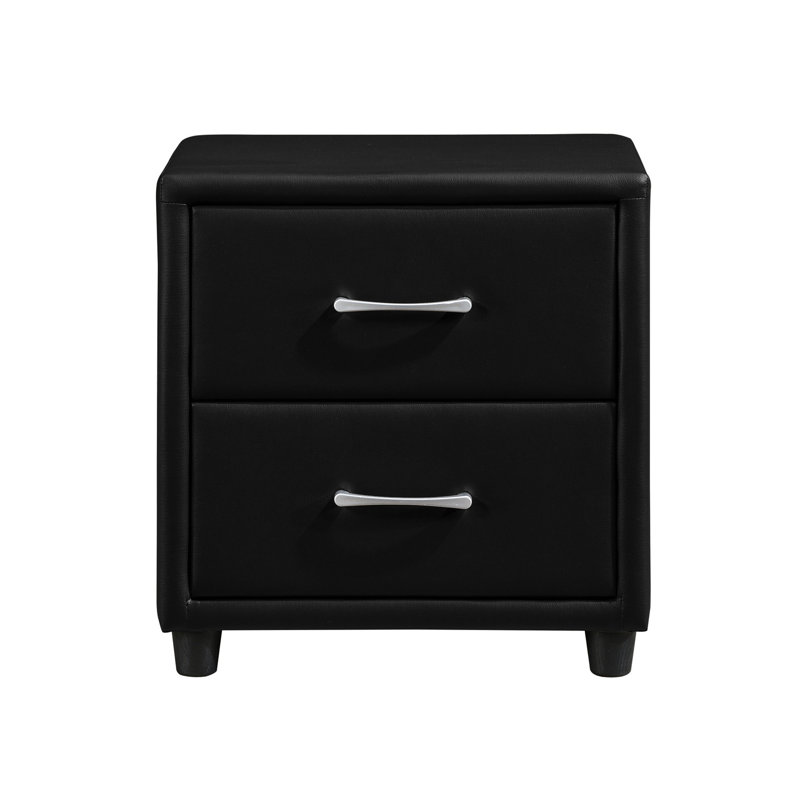 Table de chevet élégante avec 2 tiroirs, revêtement en similicuir noir et 2 poignées argentées, Noir