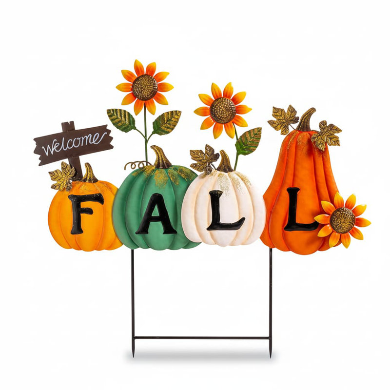 FALL Letter Pumpkin & Sunflower Metal Garden Stakes - Decorative Autumn Yard Signs for Outdoor Decor