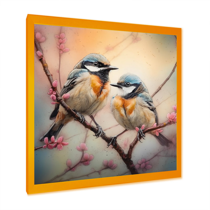 Deux oiseaux bleus sur un arbre en fleurs II - Art mural floral pour salon, H 24 po x l 24 po, Cadre doré