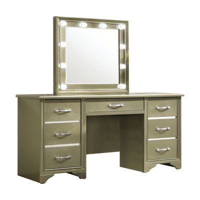 Fortna 7 Drawer Vanity Desk with Lighted Mirror in Champagne