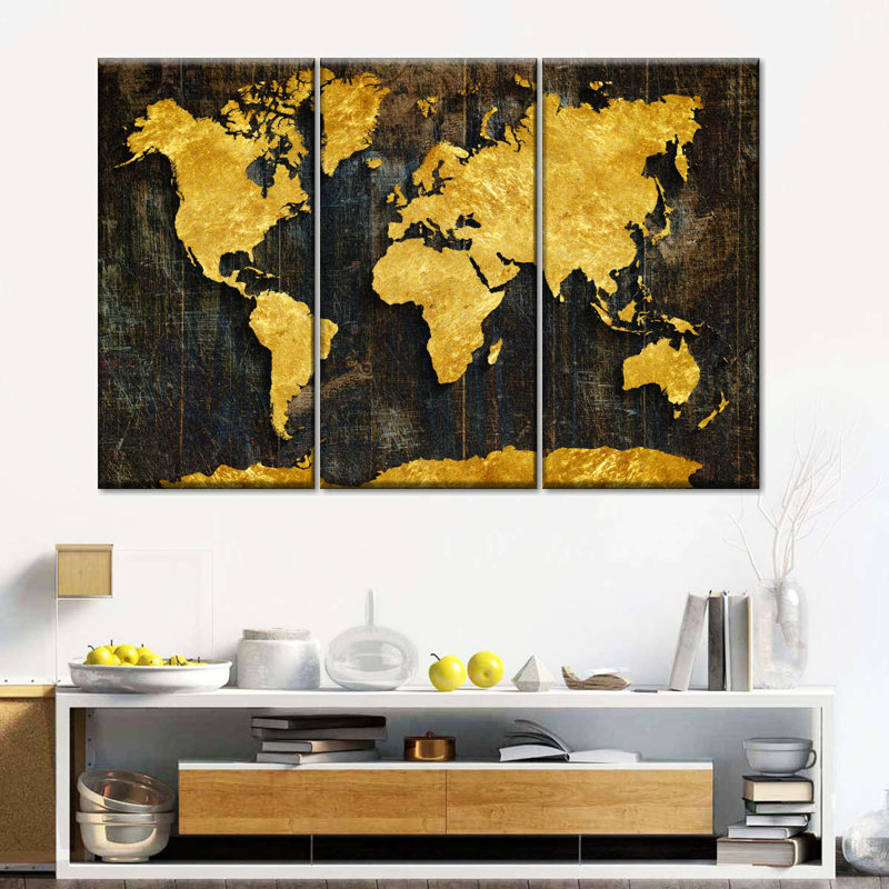 Carte du monde raffinée en or 3 pièces, H 24 po x l 38 po x P 1,25 po
